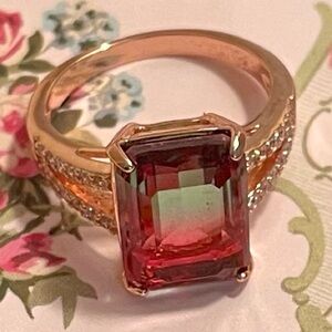 SIMULATED WATERMELON TOURMALINE AND CLEAR CRYSTAL ROSE GOLD TONE RING SIZE 8